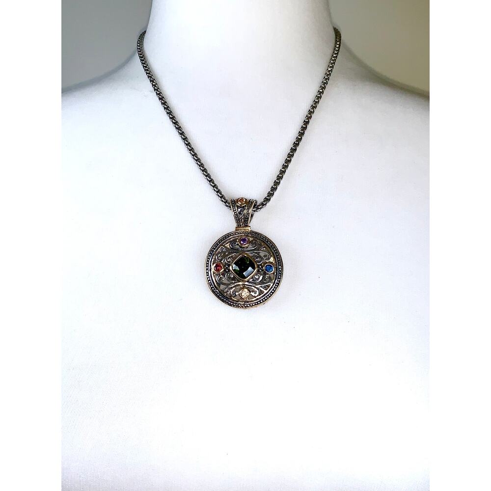 Silver Tone Round Crystal Gemstone Locket Style Scroll Pendant Necklace